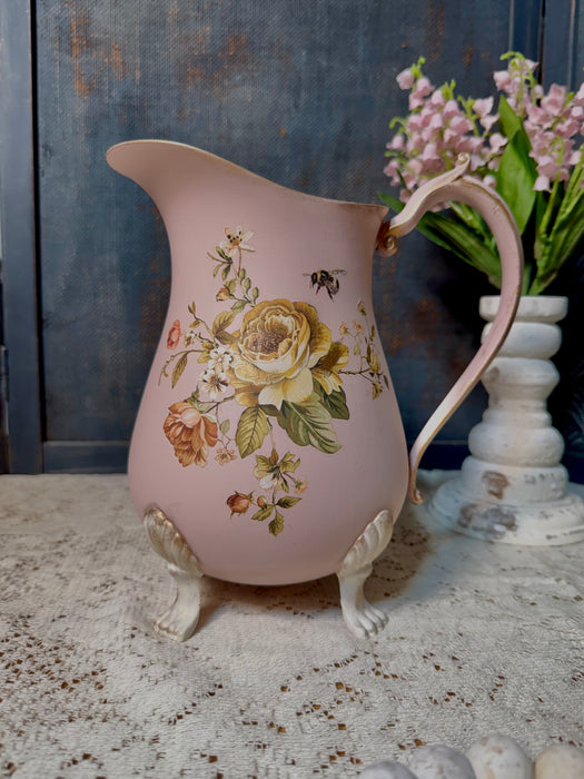 Pretty in Pink Floral Water Pitcher - upcycled Silver Plate - For Decorative Use Only