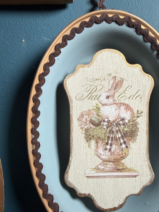 Upcycled Bunny Gallery Artwork from Silver Plate Veggie Dish