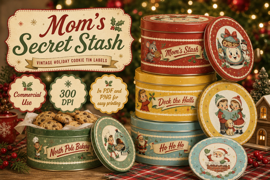 PRINTED Mom's Secret Stash Rice Paper - Funny Retro Christmas Cookie Tin Labels for Decoupage