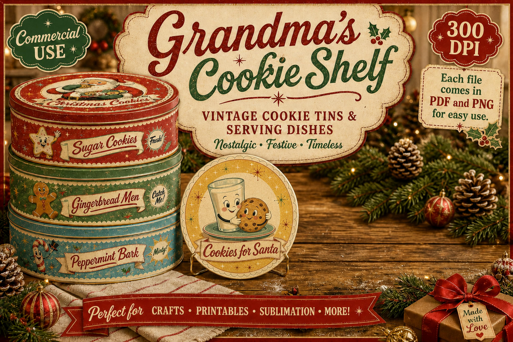 PRINTED Grandma's Cookie Shelf Paper Pack - Retro Christmas Cookie Tin Labels for Decoupage