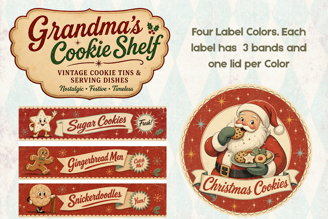 PRINTED Grandma's Cookie Shelf Paper Pack - Retro Christmas Cookie Tin Labels for Decoupage