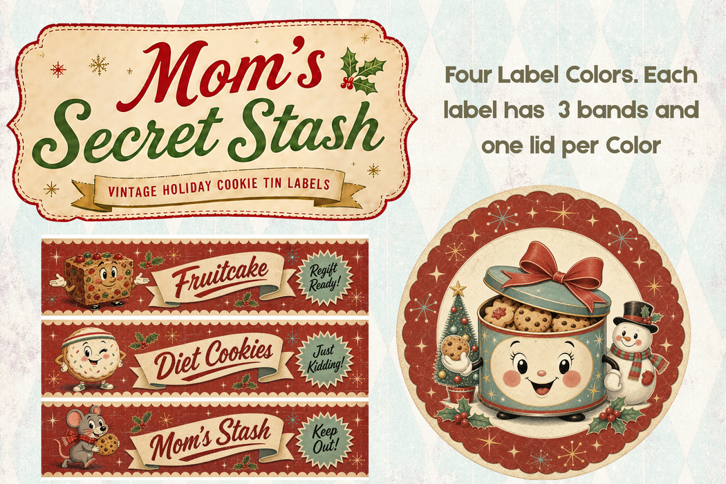PRINTED Mom's Secret Stash Rice Paper - Funny Retro Christmas Cookie Tin Labels for Decoupage