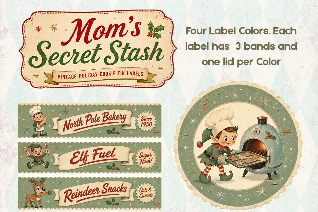 PRINTED Mom's Secret Stash Rice Paper - Funny Retro Christmas Cookie Tin Labels for Decoupage
