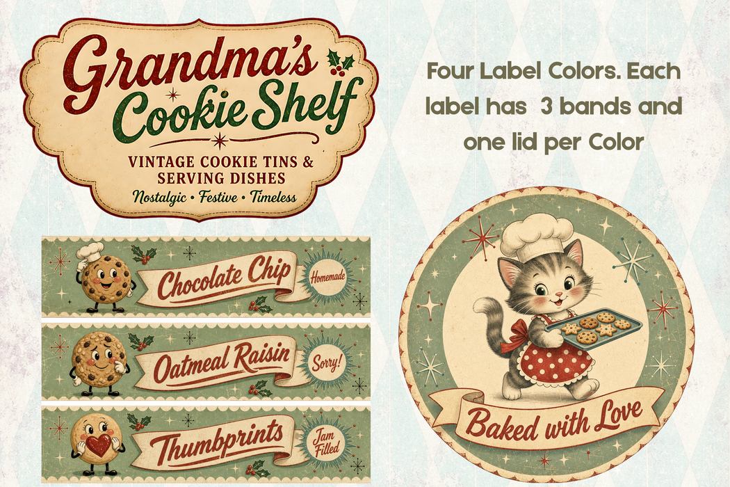 PRINTED Grandma's Cookie Shelf Paper Pack - Retro Christmas Cookie Tin Labels for Decoupage