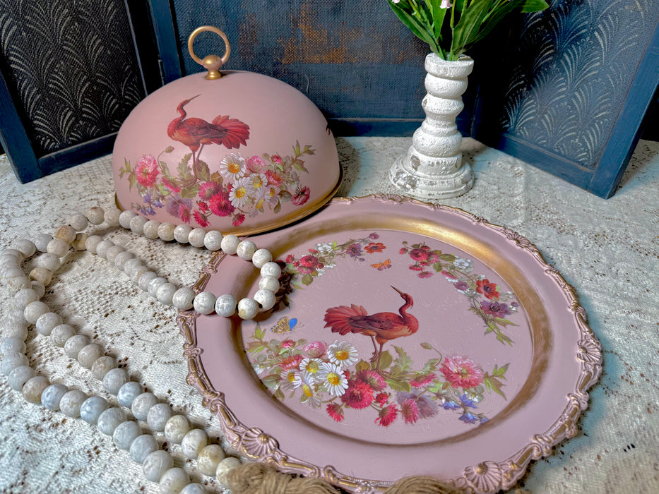 Red Flamingo Dome & Tray - Upcycled Silver Plate Home Decor