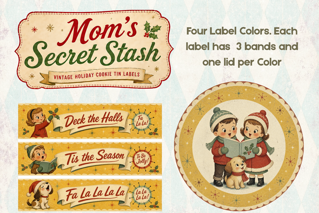 PRINTED Mom's Secret Stash Rice Paper - Funny Retro Christmas Cookie Tin Labels for Decoupage