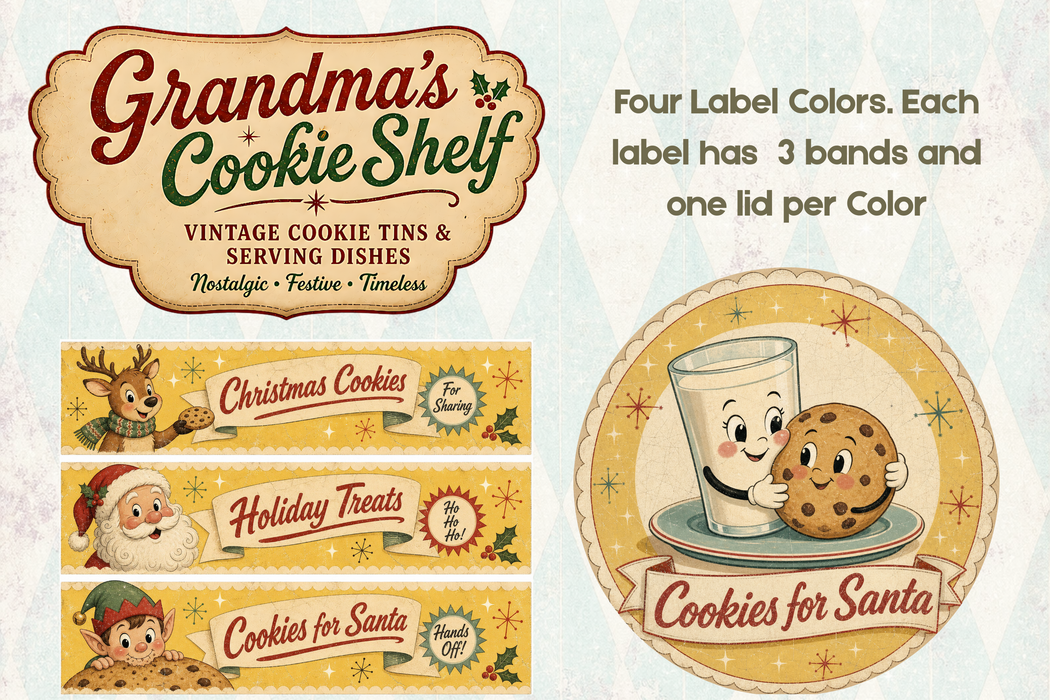 PRINTED Grandma's Cookie Shelf Paper Pack - Retro Christmas Cookie Tin Labels for Decoupage