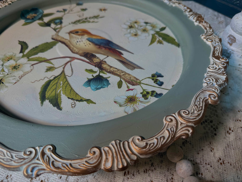 Upcycled Pedestal Tray with bird and gilding