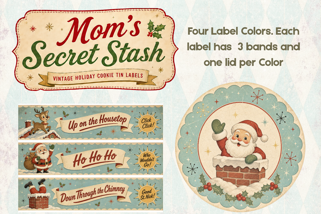PRINTED Mom's Secret Stash Rice Paper - Funny Retro Christmas Cookie Tin Labels for Decoupage