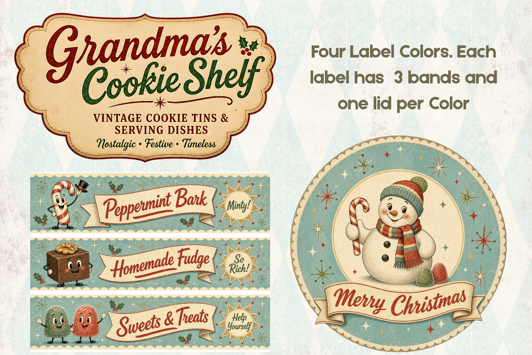 PRINTED Grandma's Cookie Shelf Paper Pack - Retro Christmas Cookie Tin Labels for Decoupage