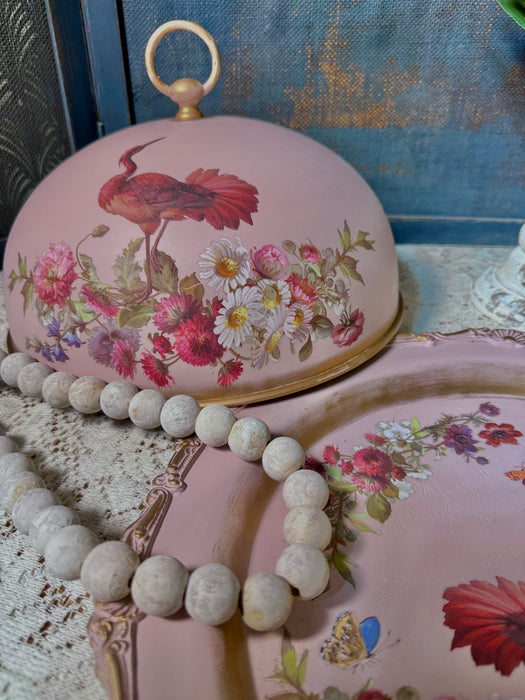 Red Flamingo Dome & Tray - Upcycled Silver Plate Home Decor
