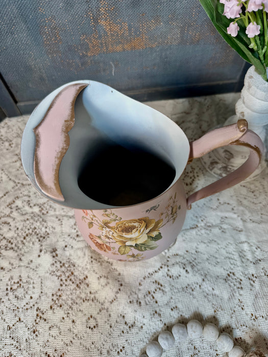 Pretty in Pink Floral Water Pitcher - upcycled Silver Plate - For Decorative Use Only