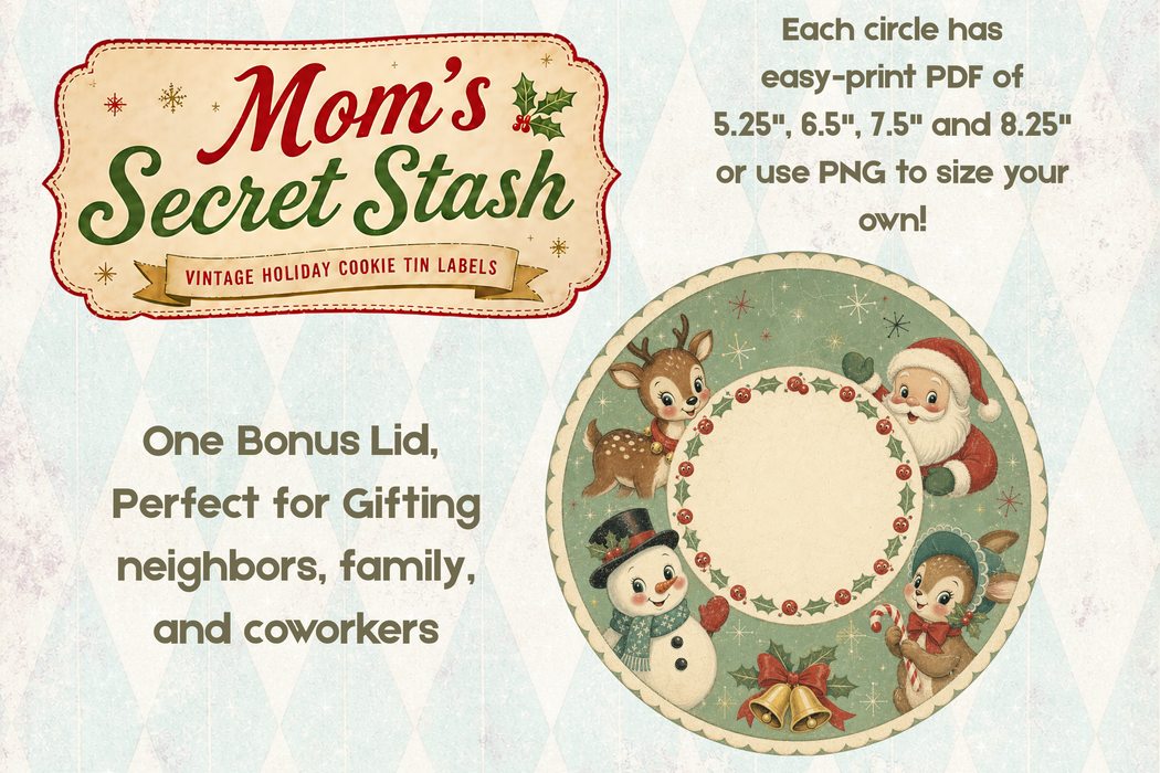 PRINTED Mom's Secret Stash Rice Paper - Funny Retro Christmas Cookie Tin Labels for Decoupage