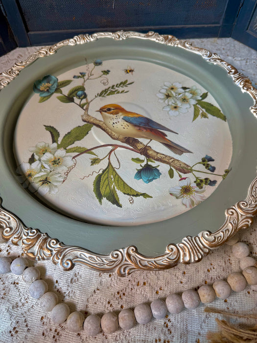 Upcycled Pedestal Tray with bird and gilding