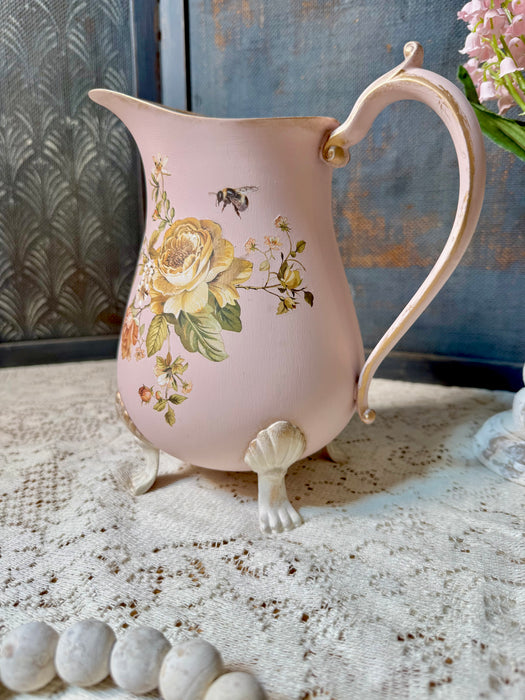 Pretty in Pink Floral Water Pitcher - upcycled Silver Plate - For Decorative Use Only
