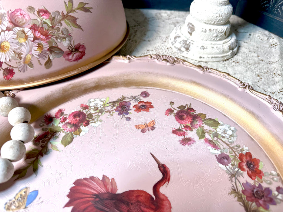 Red Flamingo Dome & Tray - Upcycled Silver Plate Home Decor