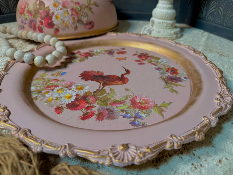 Red Flamingo Dome & Tray - Upcycled Silver Plate Home Decor