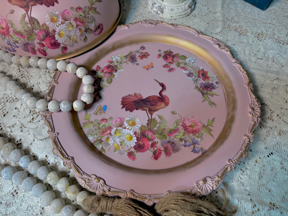 Red Flamingo Dome & Tray - Upcycled Silver Plate Home Decor