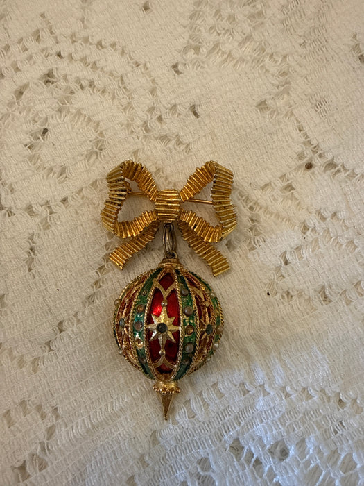 Vintage holiday bow and ornaments pin