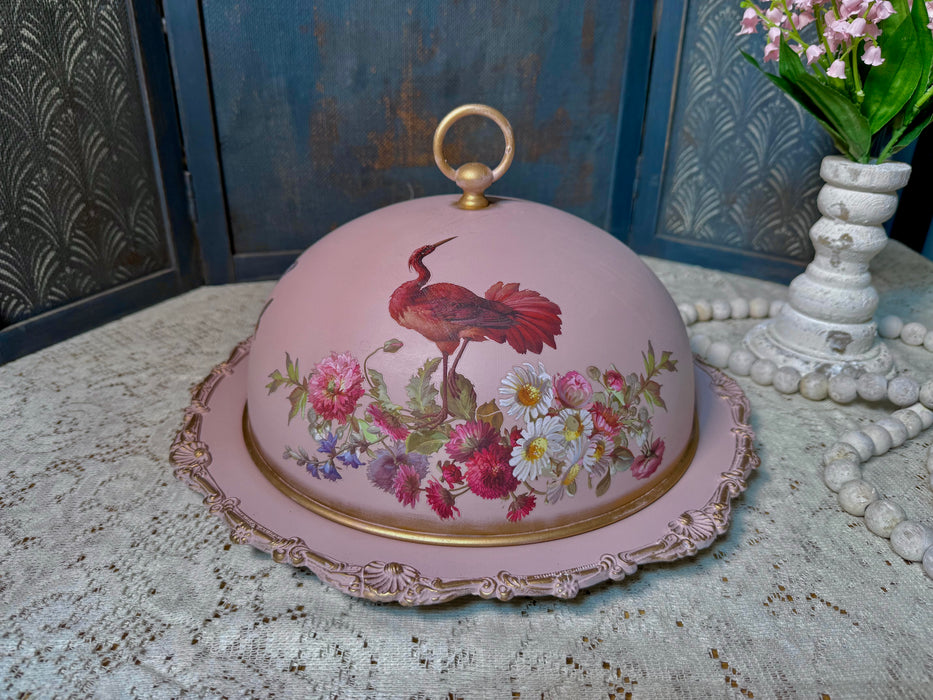 Red Flamingo Dome & Tray - Upcycled Silver Plate Home Decor