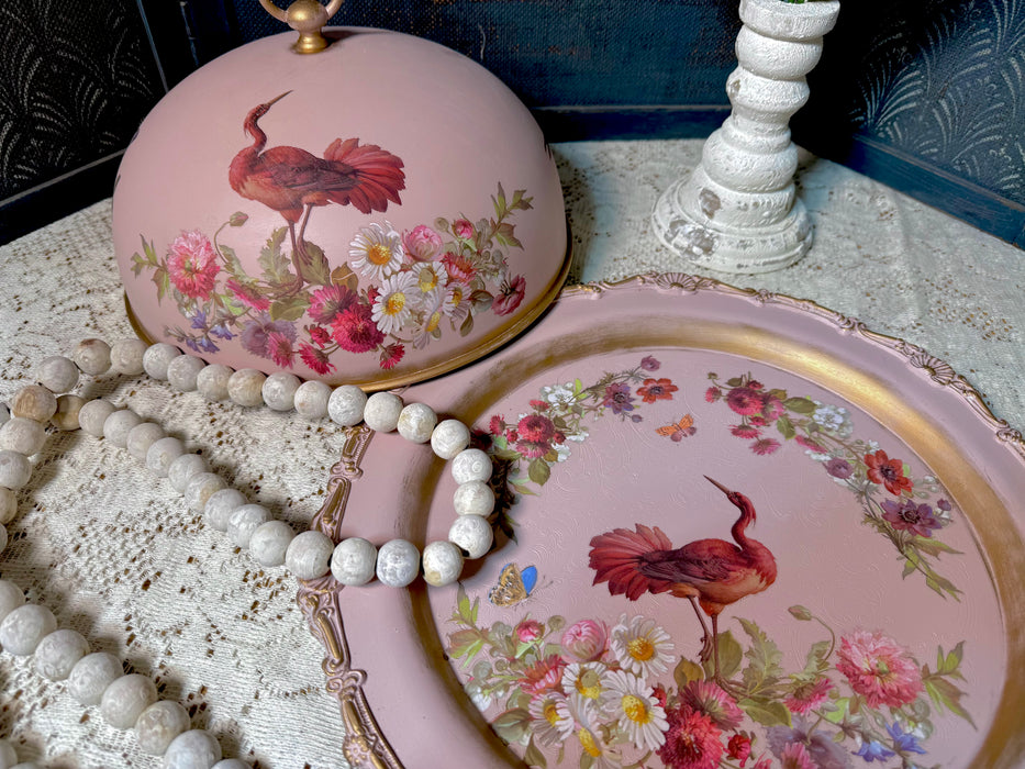 Red Flamingo Dome & Tray - Upcycled Silver Plate Home Decor