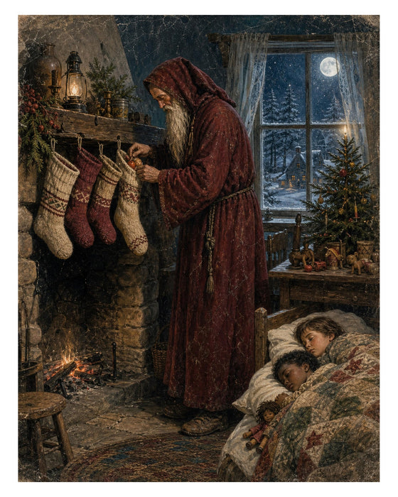 Belsnickel and Bough Red Robe Christmas Eve rice paper