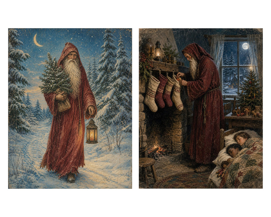 Belsnickel and Bough Red Robe Christmas Eve rice paper