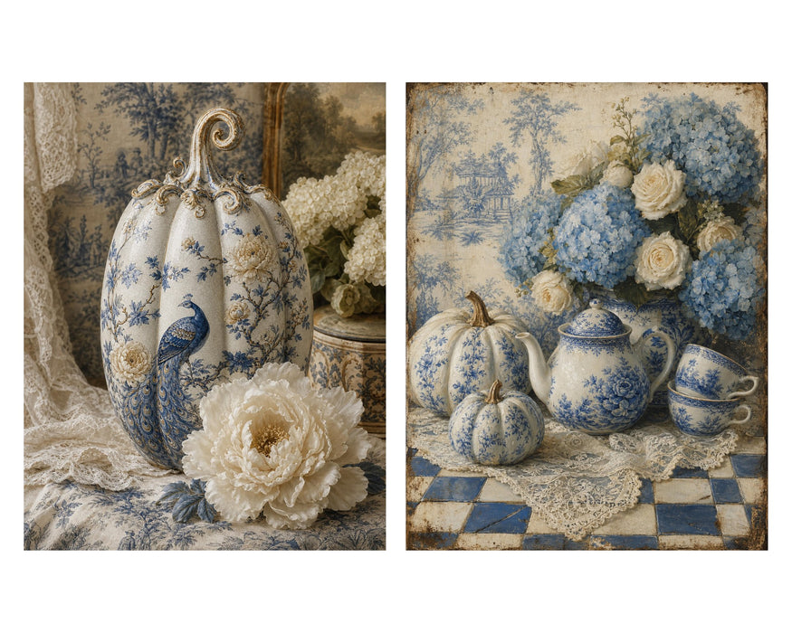 Blue and White Toile Pumpkins rice paper