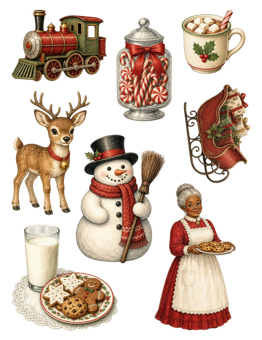 Classic Christmas Eve Waterslide Transfers: Mrs. Claus, Snowman & Reindeer - printed waterslide transfer sheet