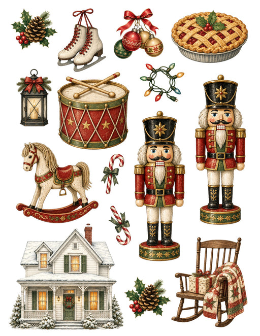 Classic Christmas Eve Waterslide Transfers: Nutcrackers, Rocking Horse & Farmhouse - printed waterslide transfer sheet