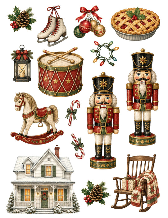 Classic Christmas Eve Waterslide Transfers: Nutcrackers, Rocking Horse & Farmhouse - printed waterslide transfer sheet