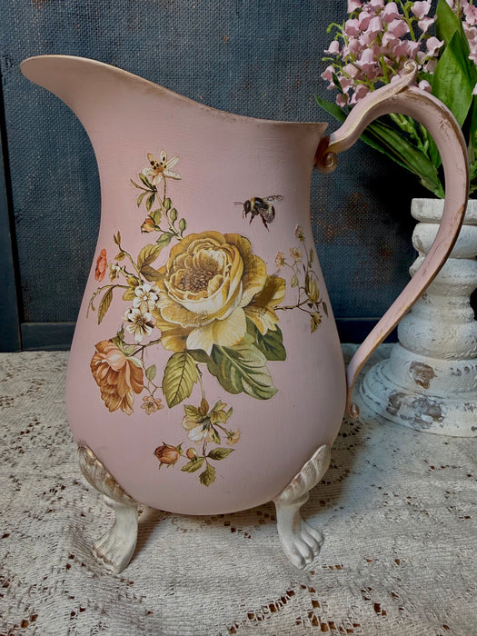 Pretty in Pink Floral Water Pitcher - upcycled Silver Plate - For Decorative Use Only