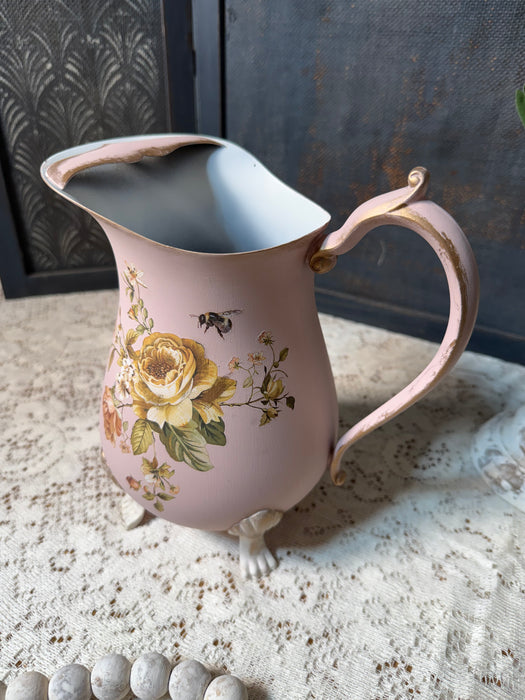 Pretty in Pink Floral Water Pitcher - upcycled Silver Plate - For Decorative Use Only