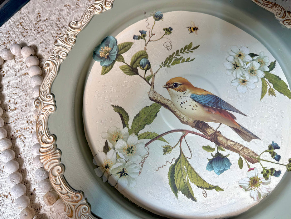 Upcycled Pedestal Tray with bird and gilding
