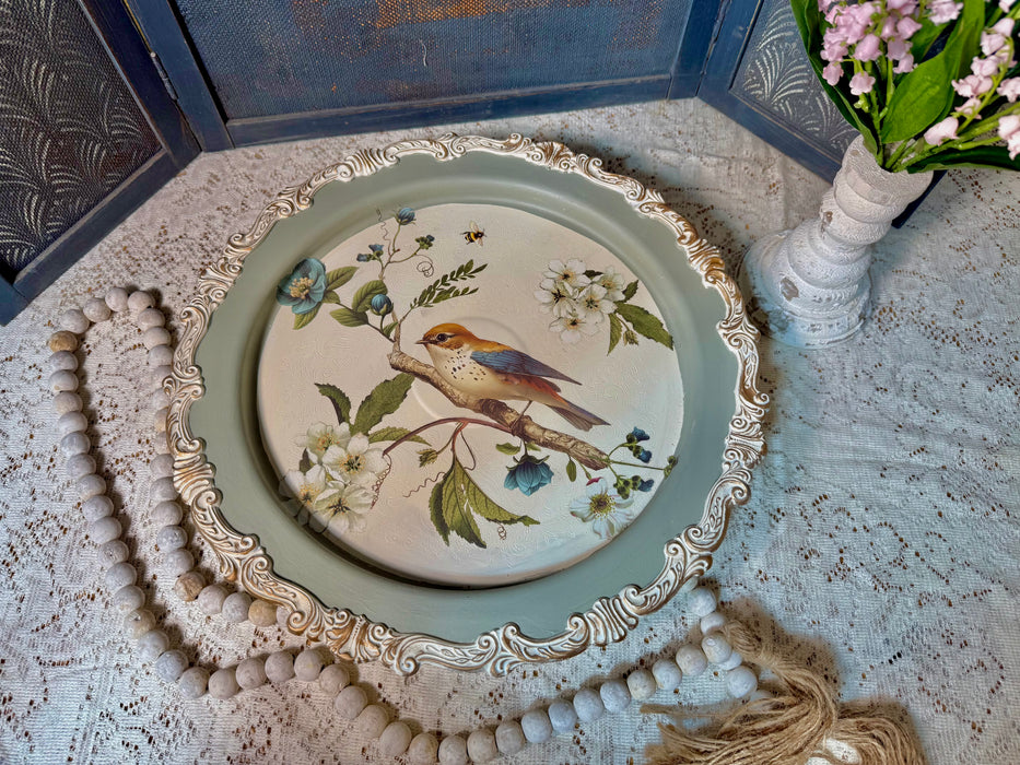 Upcycled Pedestal Tray with bird and gilding