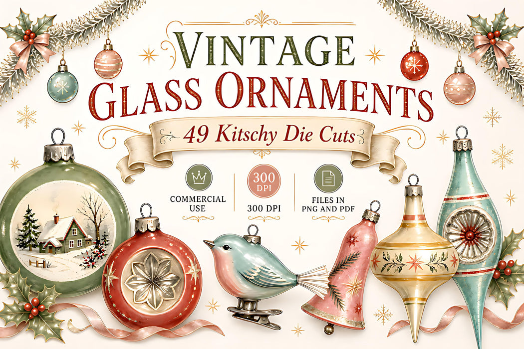 Vintage Glass Ornament Die Cuts 49 PNG 1950s Christmas Clipart