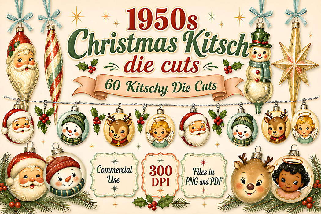 1950s Christmas Kitsch Die Cuts 60 PNG retro ornament faces and deer