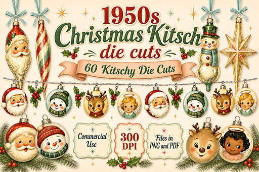 1950s Christmas Kitsch Die Cuts 60 PNG retro ornament faces and deer