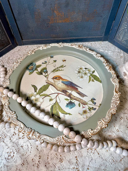 Upcycled Pedestal Tray with bird and gilding