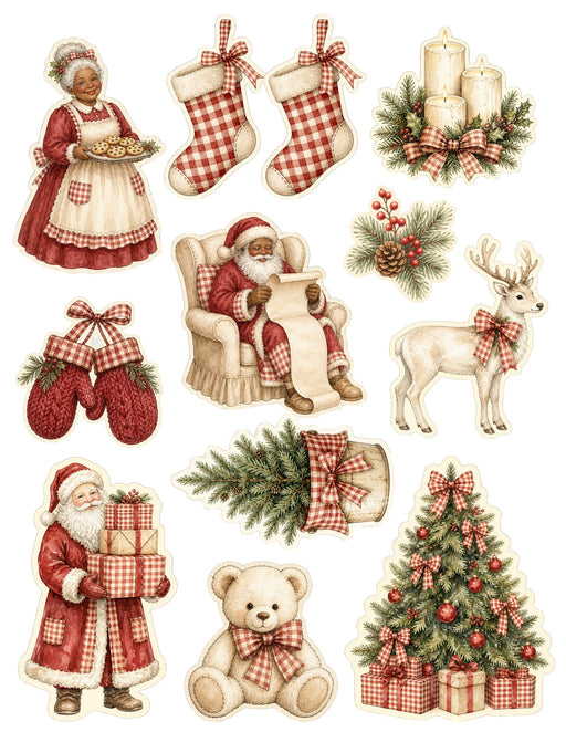 Gingham Hearth Christmas Waterslide Transfers: Mrs. Claus, Teddy & Tree - printed waterslide transfer sheet