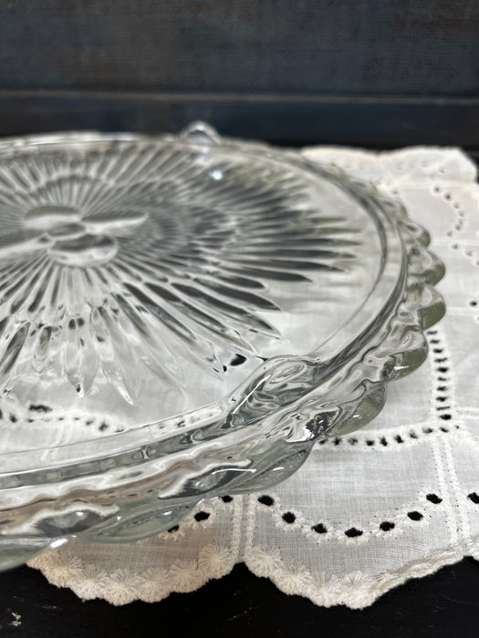 Vintage Pressed Glass Scalloped Footed Cake Serving Tray Floral Starburst Plate