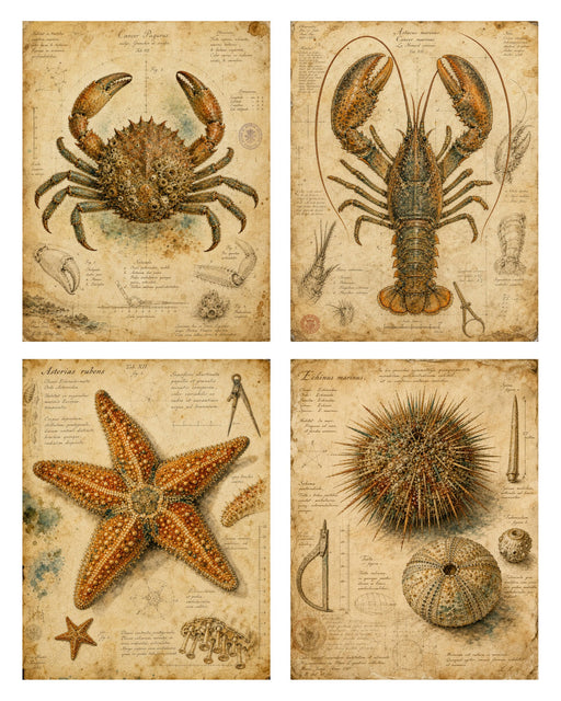 Naturalist Sea Specimens: Crab, Lobster, Sea Star & Sea Urchin rice paper
