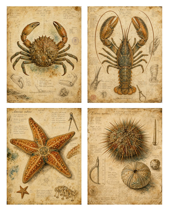 Naturalist Sea Specimens: Crab, Lobster, Sea Star & Sea Urchin rice paper