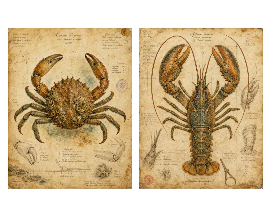 Naturalist Sea Specimens: Crab, Lobster, Sea Star & Sea Urchin rice paper