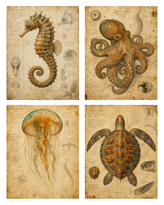 Naturalist Sea Specimens: Seahorse, Octopus, Jellyfish & Sea Turtle rice paper