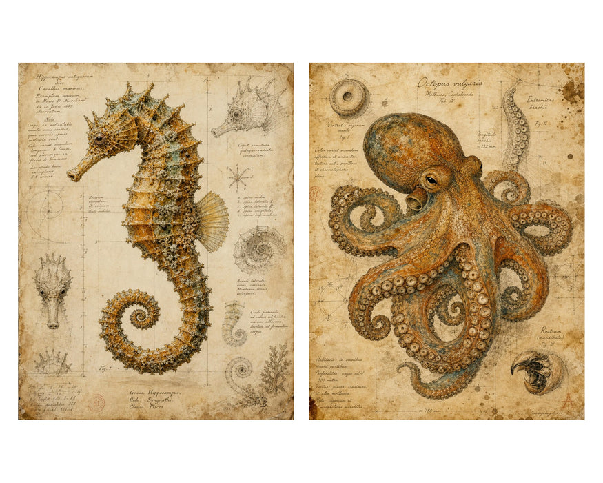 Naturalist Sea Specimens: Seahorse, Octopus, Jellyfish & Sea Turtle rice paper