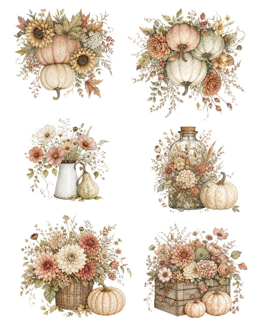Pumpkin and Petals printed rice paper sheet with six fall pumpkin and floral designs