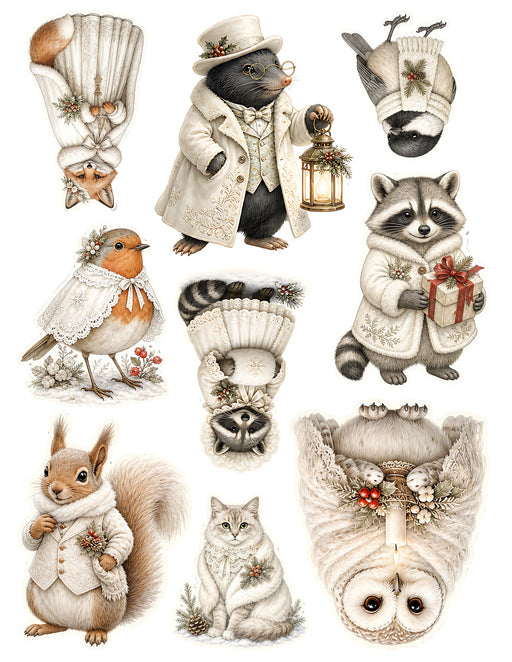 Winter White Woodland waterslide transfer sheet - Mole Raccoon and Owl