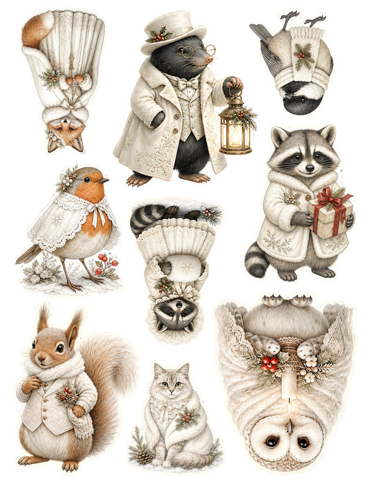 Winter White Woodland waterslide transfer sheet - Mole Raccoon and Owl