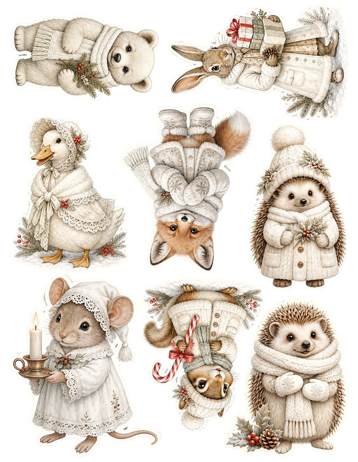 Winter White Woodland waterslide transfer sheet - Hedgehogs Fox and Polar Bear